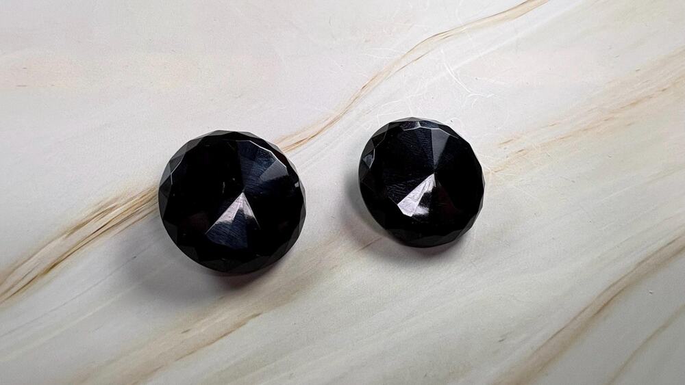 Vintage Signed Germany Faceted Jet Black Glass Button Clip On Earrings 1950s